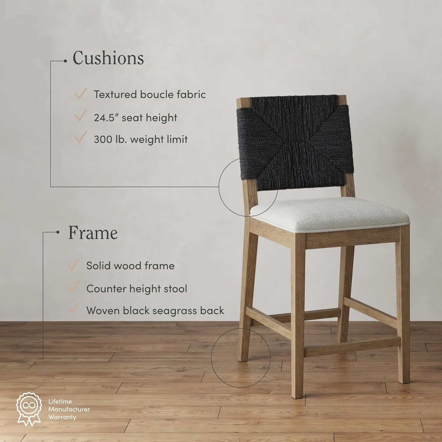 Nathan James Beacon Bohemian Boucle Bar Stool, Upholstered Bar Stool or Island Chairs for Kitchen, Seagrass Counter Height Stool with Back and Solid Wood Legs, Cream Boucle/Gray