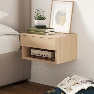 Nathan James Jackson Wall Mounted Floating Bedroom Nightstand with Storage Drawer and Modern Open Shelf Cubby, Light Oak Wood