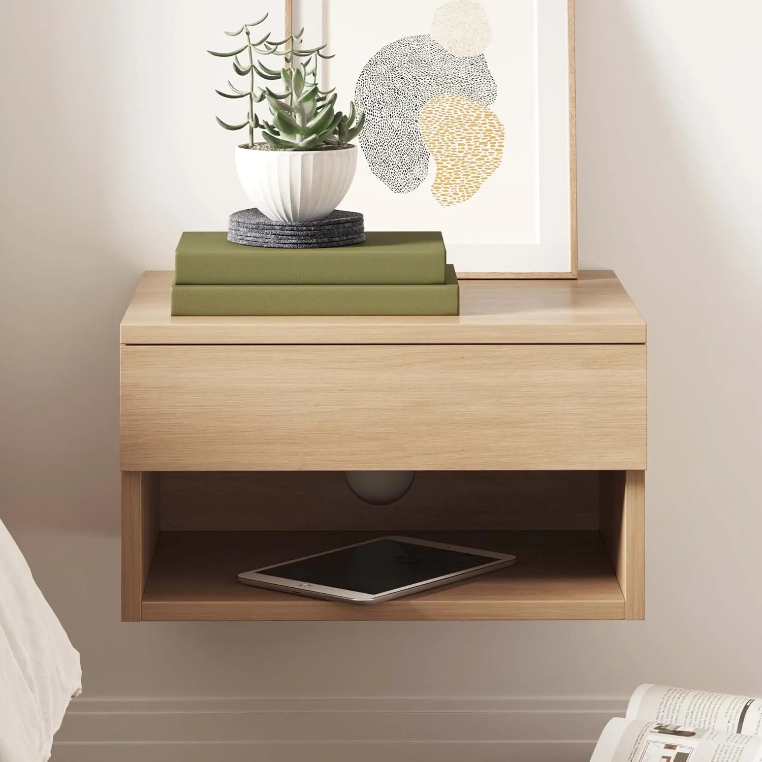Nathan James Jackson Wall Mounted Floating Bedroom Nightstand with Storage Drawer and Modern Open Shelf Cubby, Light Oak Wood