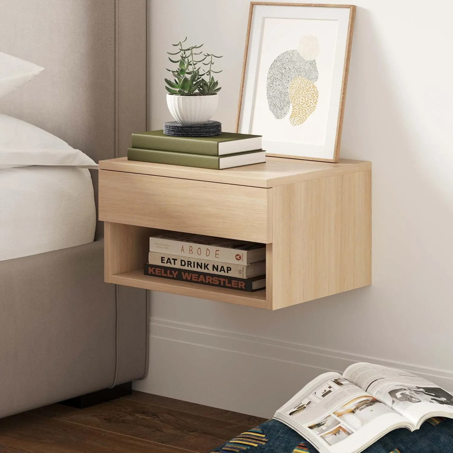 Nathan James Jackson Wall Mounted Floating Bedroom Nightstand with Storage Drawer and Modern Open Shelf Cubby, Light Oak Wood