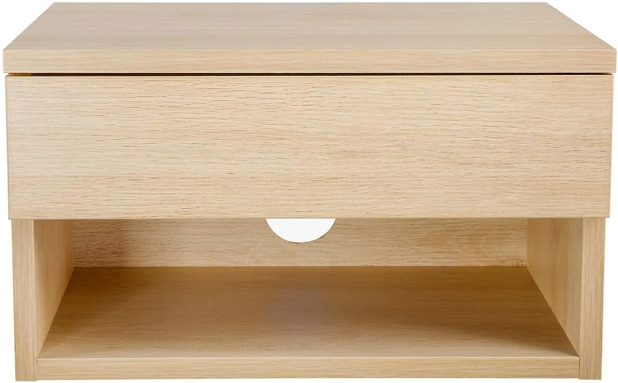 Nathan James Jackson Wall Mounted Floating Bedroom Nightstand with Storage Drawer and Modern Open Shelf Cubby, Light Oak Wood