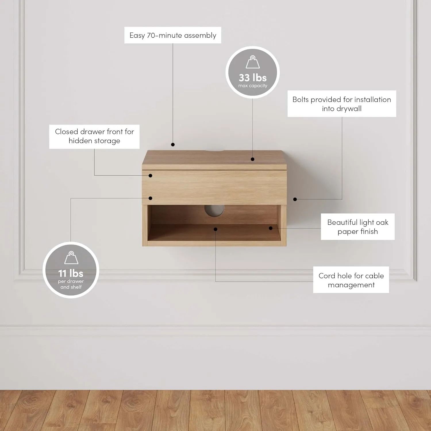 Nathan James Jackson Wall Mounted Floating Bedroom Nightstand with Storage Drawer and Modern Open Shelf Cubby, Light Oak Wood