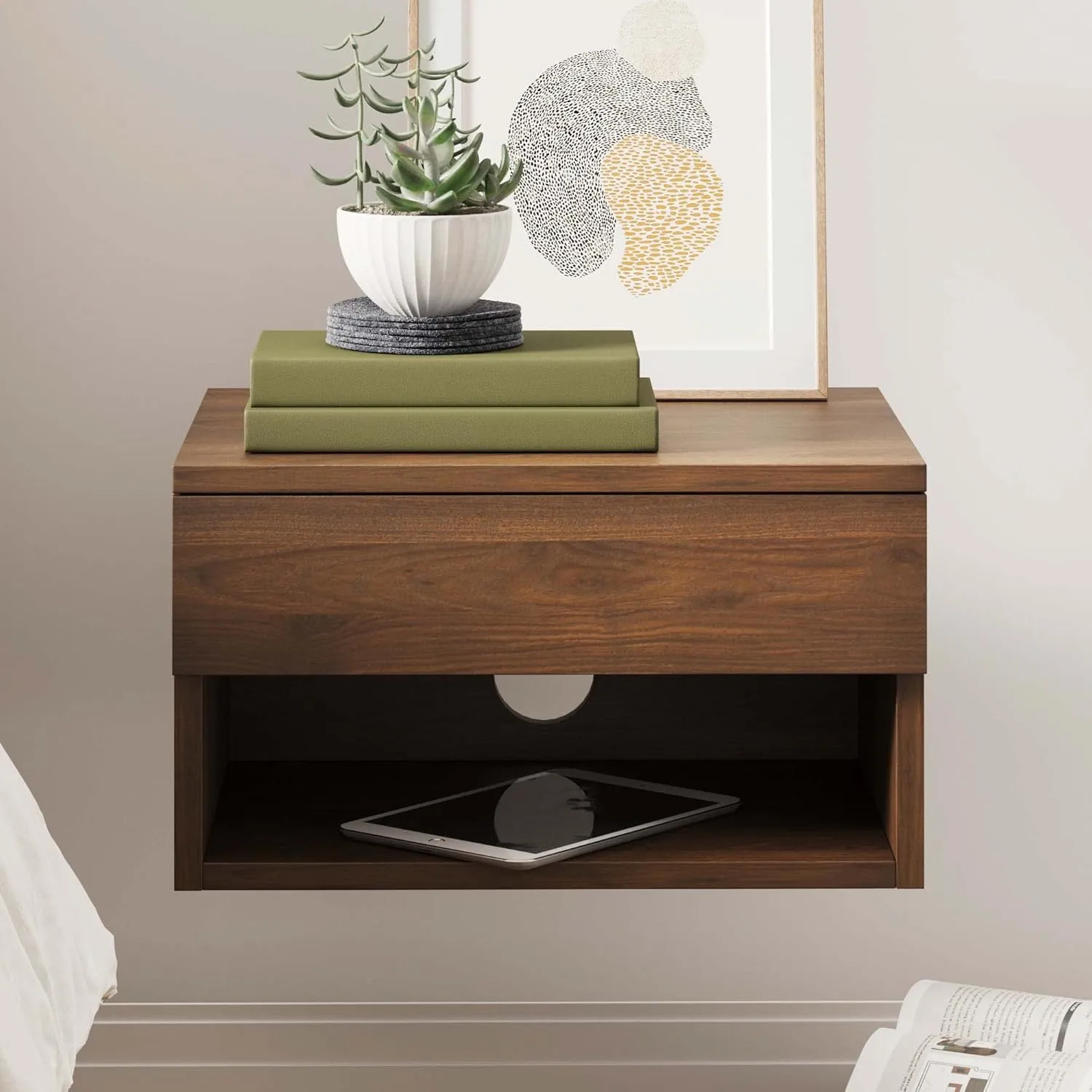 Nathan James Jackson Wall Mounted Floating Bedroom Nightstand with Storage Drawer and Modern Open Shelf Cubby Set of 2, Dark Brown Walnut