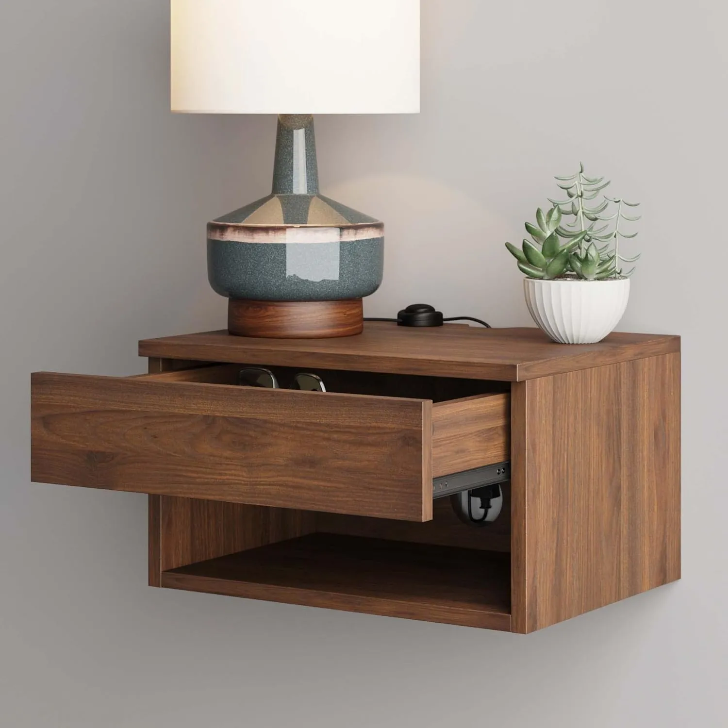 Nathan James Jackson Wall Mounted Floating Bedroom Nightstand with Storage Drawer and Modern Open Shelf Cubby Set of 2, Dark Brown Walnut