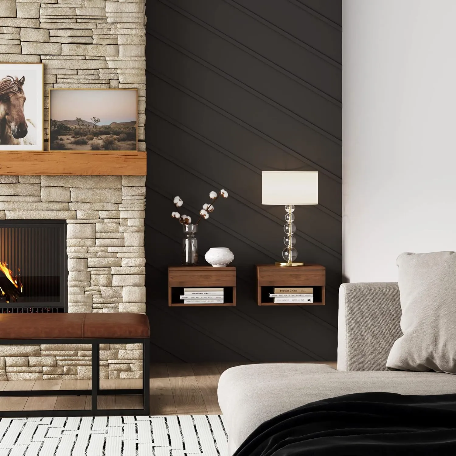 Nathan James Jackson Wall Mounted Floating Bedroom Nightstand with Storage Drawer and Modern Open Shelf Cubby Set of 2, Dark Brown Walnut
