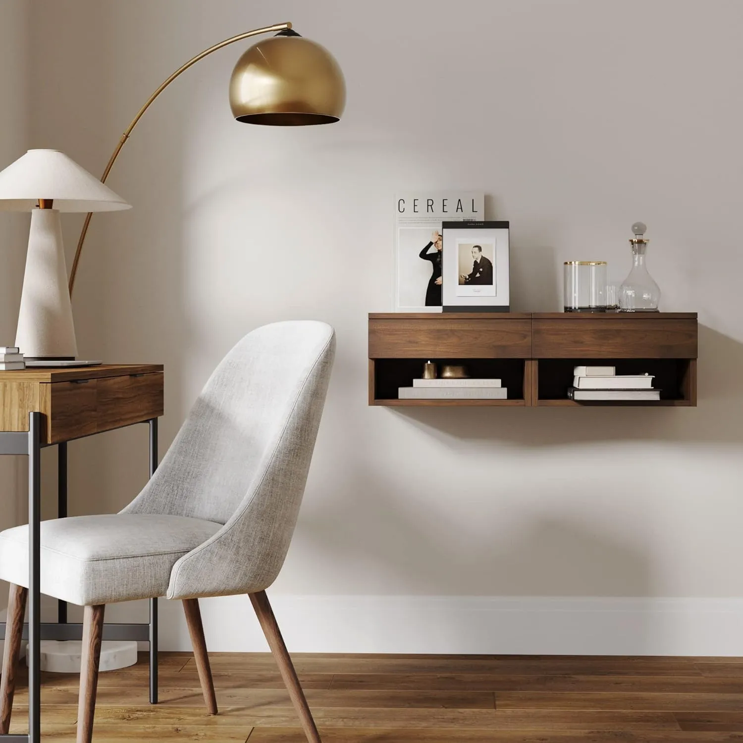 Nathan James Jackson Wall Mounted Floating Bedroom Nightstand with Storage Drawer and Modern Open Shelf Cubby Set of 2, Dark Brown Walnut
