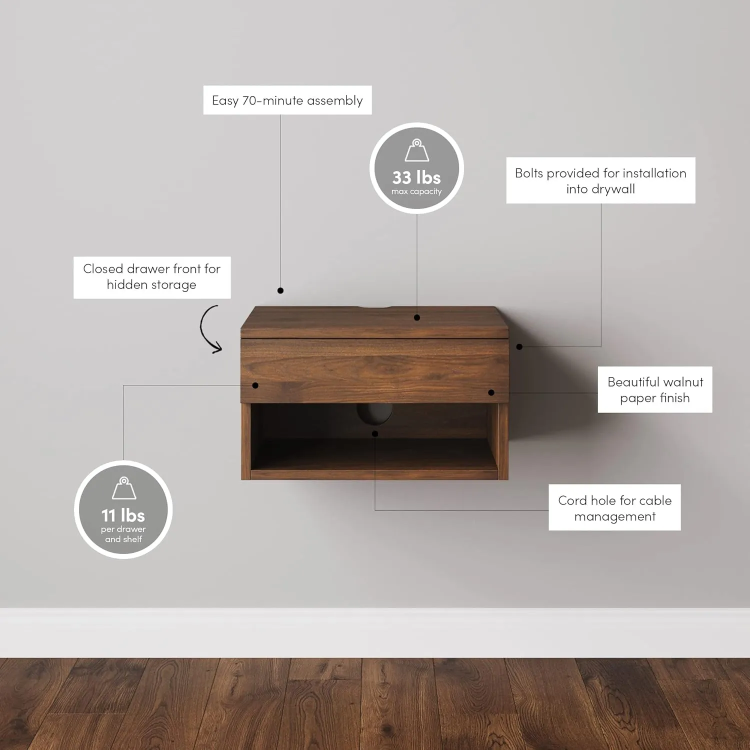 Nathan James Jackson Wall Mounted Floating Bedroom Nightstand with Storage Drawer and Modern Open Shelf Cubby Set of 2, Dark Brown Walnut