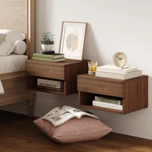 Nathan James Jackson Wall Mounted Floating Bedroom Nightstand with Storage Drawer and Modern Open Shelf Cubby Set of 2, Dark Brown Walnut