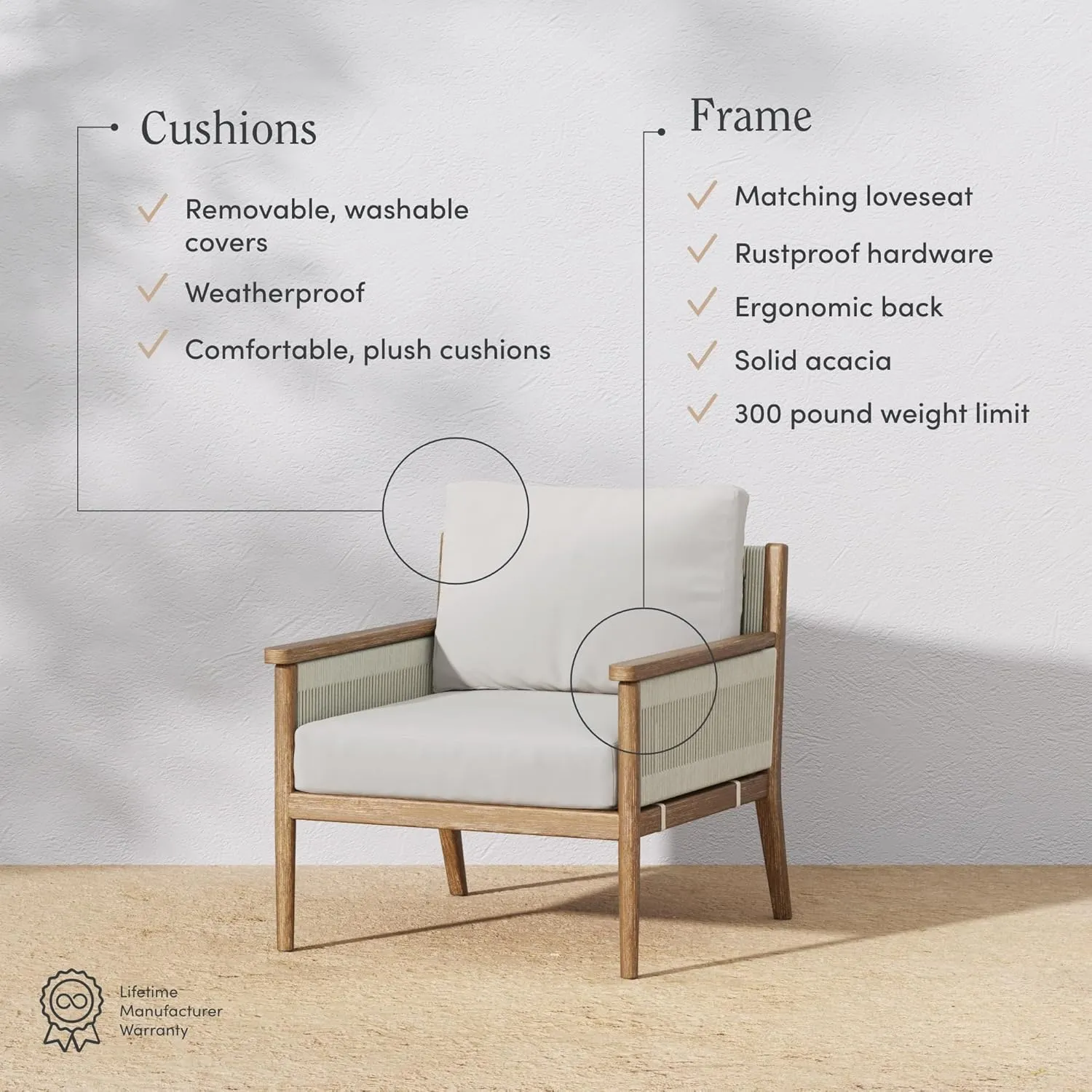 Nathan James Kayden Bohemian Wooden Upholstered Armchair, Outdoor Lounge Chair with Removable Cushion Covers and Solid Acacia Wood Frame, Light Brown