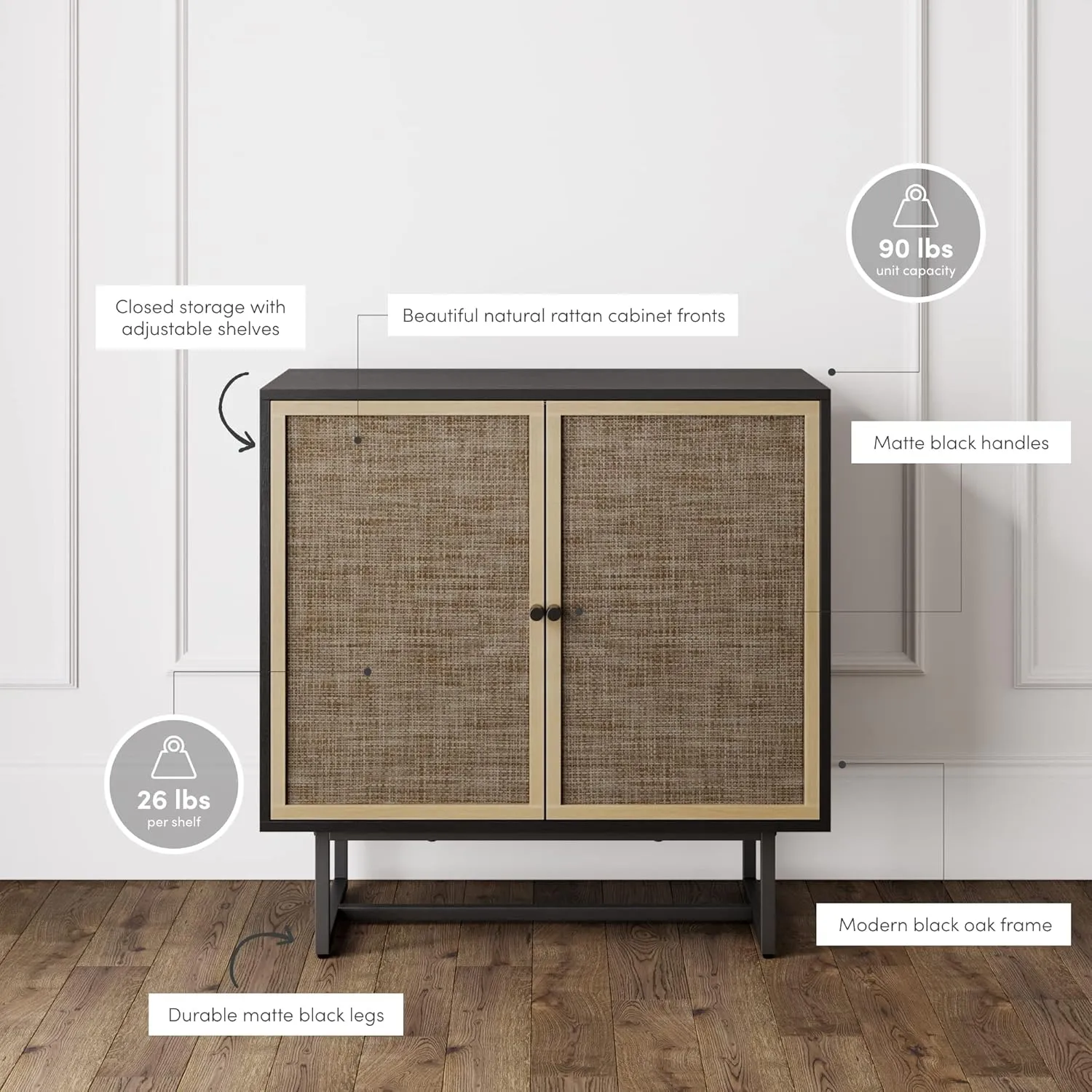 Nathan James Kova Rattan Wood Accent Sideboard Storage Cabinet with Matte Metal Frame, Adjustable Interior Shelves and Cane Doors, for Hallway, Entryway or Living Room, Black Oak/Cane