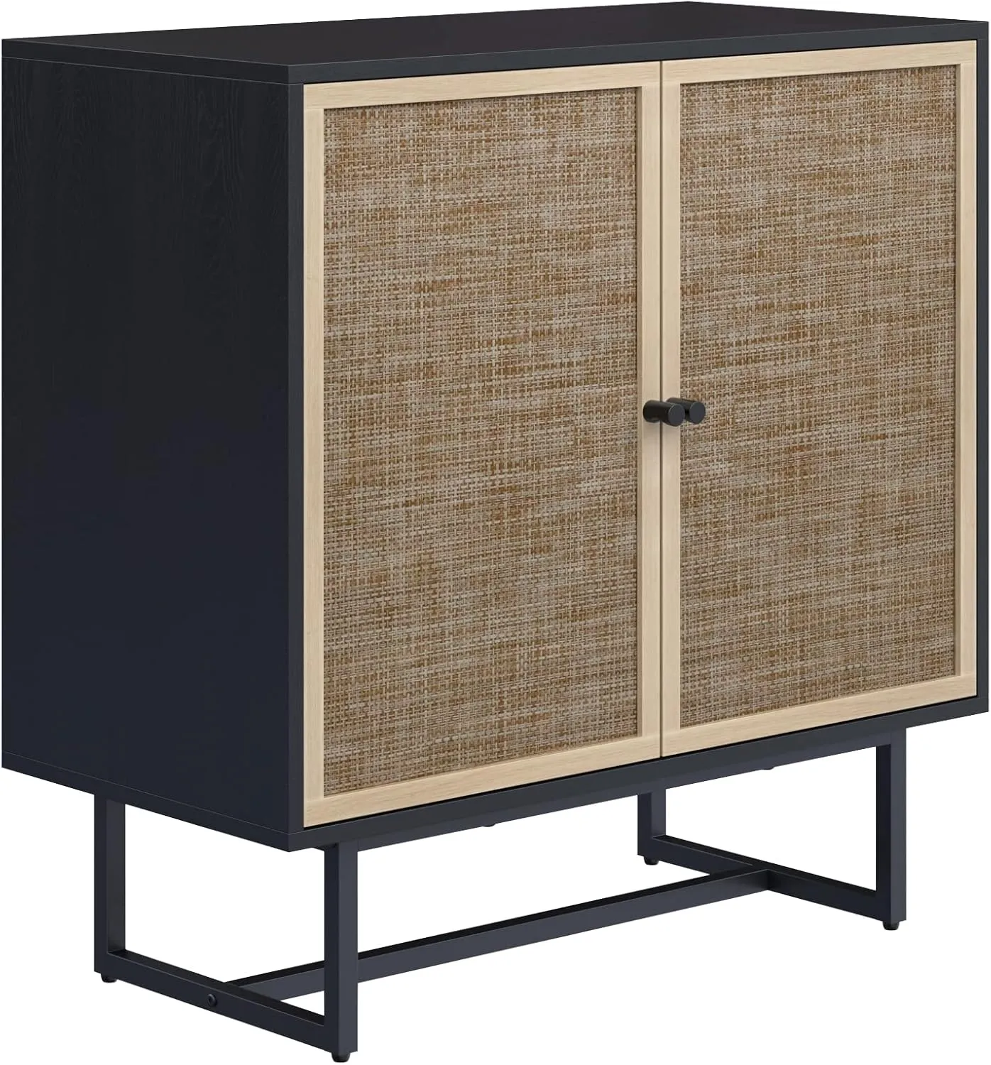 Nathan James Kova Rattan Wood Accent Sideboard Storage Cabinet with Matte Metal Frame, Adjustable Interior Shelves and Cane Doors, for Hallway, Entryway or Living Room, Black Oak/Cane