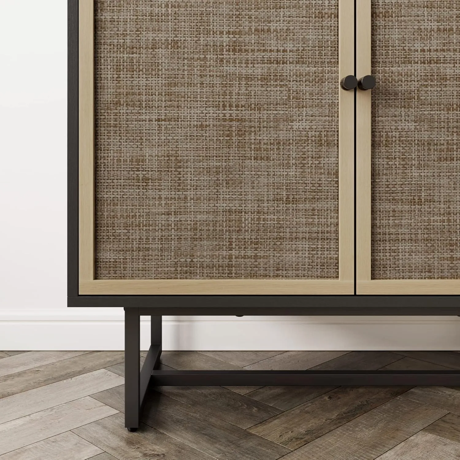 Nathan James Kova Rattan Wood Accent Sideboard Storage Cabinet with Matte Metal Frame, Adjustable Interior Shelves and Cane Doors, for Hallway, Entryway or Living Room, Black Oak/Cane