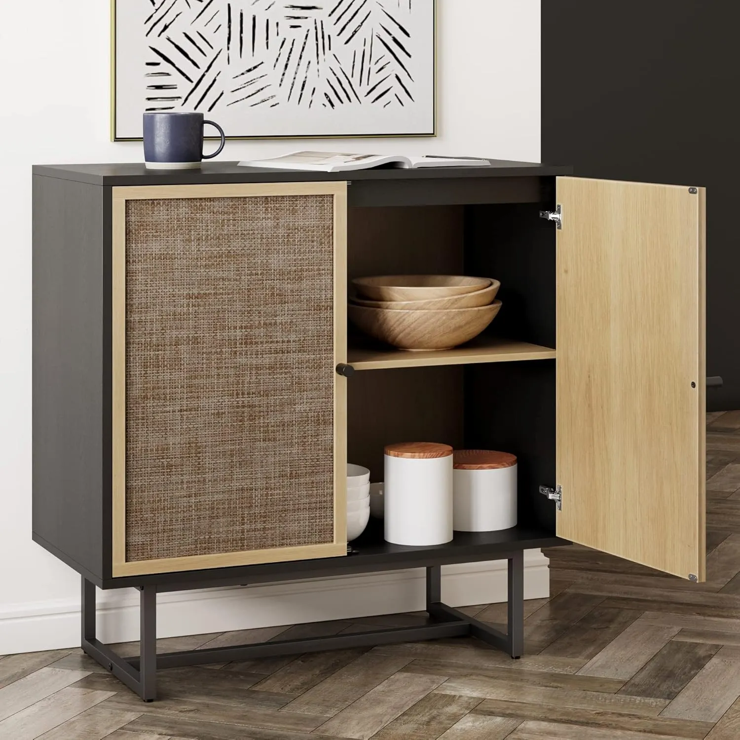 Nathan James Kova Rattan Wood Accent Sideboard Storage Cabinet with Matte Metal Frame, Adjustable Interior Shelves and Cane Doors, for Hallway, Entryway or Living Room, Black Oak/Cane