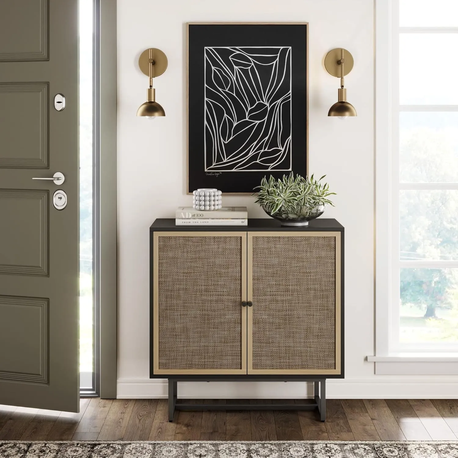Nathan James Kova Rattan Wood Accent Sideboard Storage Cabinet with Matte Metal Frame, Adjustable Interior Shelves and Cane Doors, for Hallway, Entryway or Living Room, Black Oak/Cane