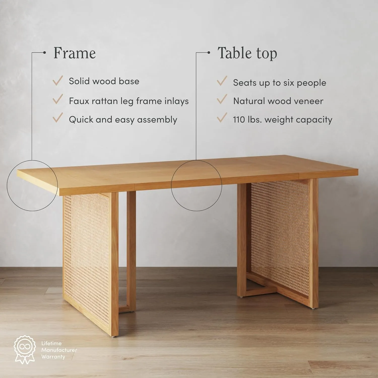 Nathan James Willow Boho Dining Table for 6 with Solid Wood Legs, 6-Person Natural Wood Dining Table, Warm Pine or Brown with Bohemian Rattan Accent