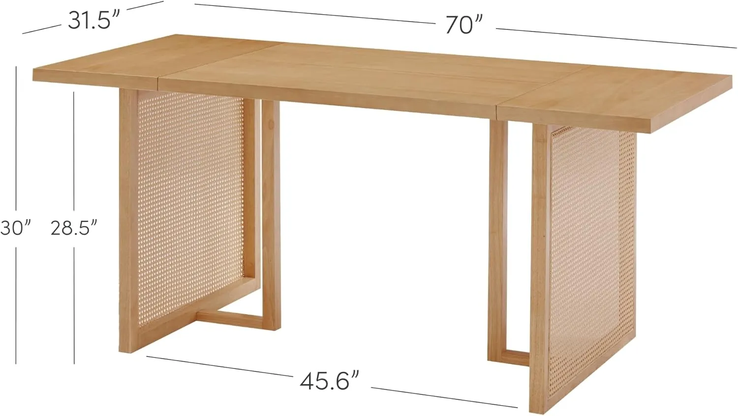 Nathan James Willow Boho Dining Table for 6 with Solid Wood Legs, 6-Person Natural Wood Dining Table, Warm Pine or Brown with Bohemian Rattan Accent