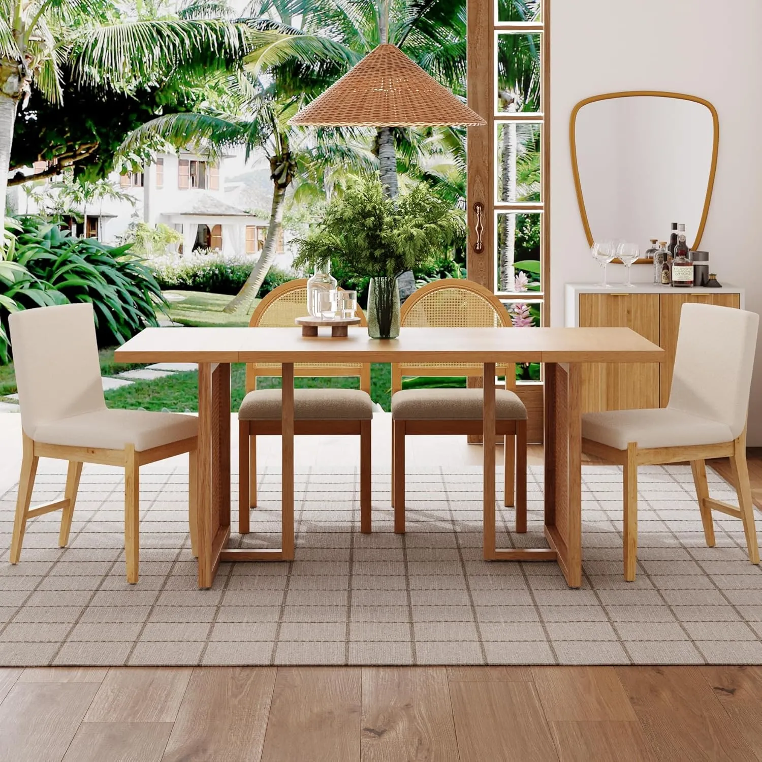 Nathan James Willow Boho Dining Table for 6 with Solid Wood Legs, 6-Person Natural Wood Dining Table, Warm Pine or Brown with Bohemian Rattan Accent