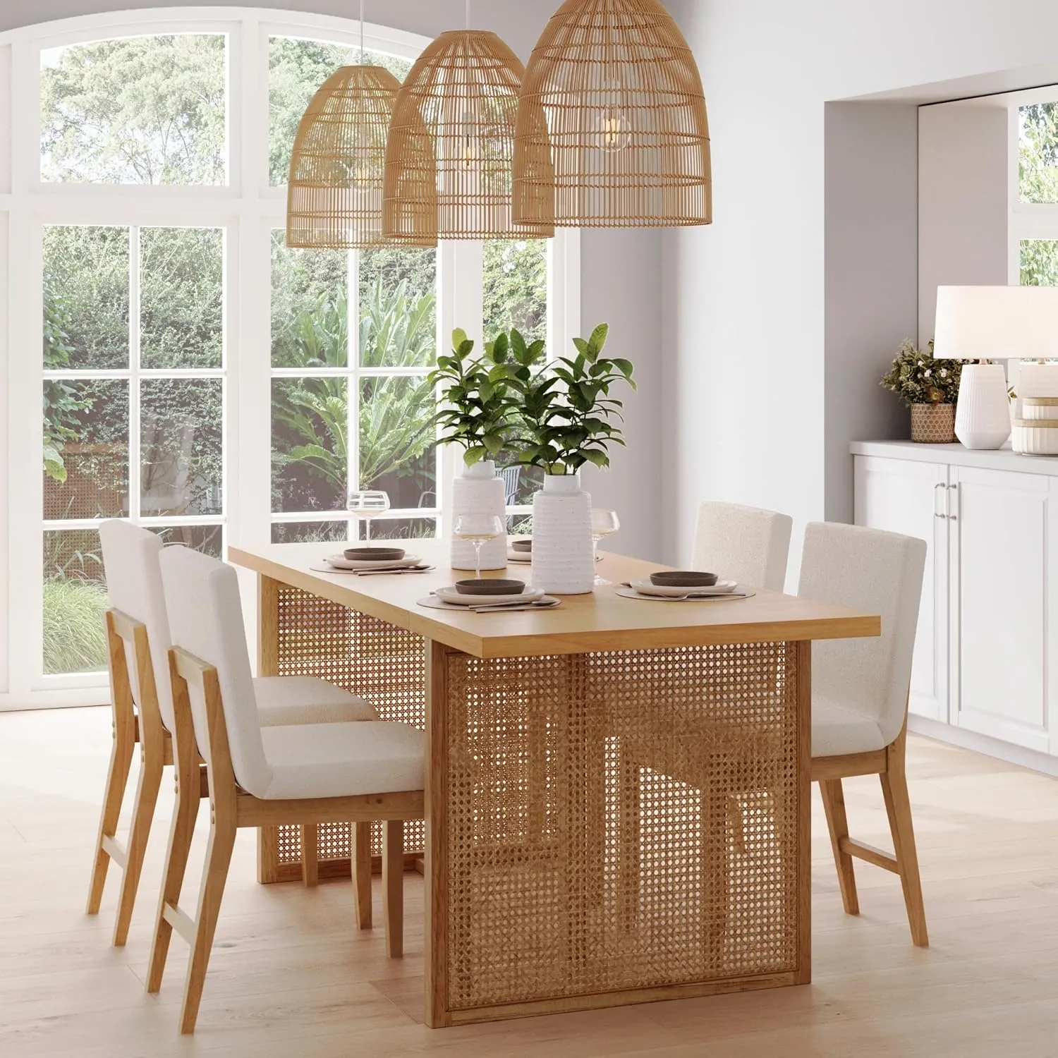 Nathan James Willow Boho Dining Table for 6 with Solid Wood Legs, 6-Person Natural Wood Dining Table, Warm Pine or Brown with Bohemian Rattan Accent
