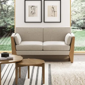 Nathan James Zion 2-Seater Modern Farmhouse Sofa with Linen Upholstery and Solid Wood Arms, Sand/Light Brown Wood