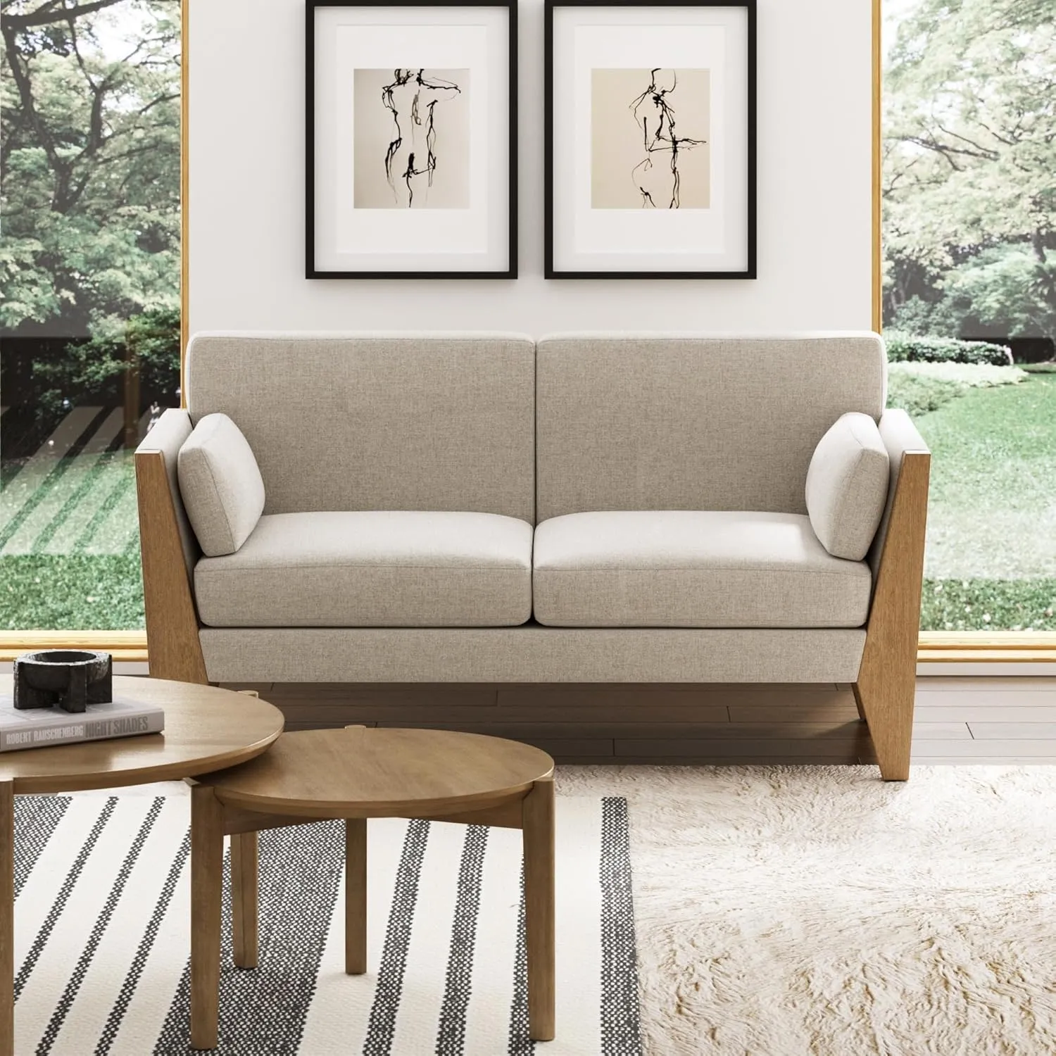 Nathan James Zion 2-Seater Modern Farmhouse Sofa with Linen Upholstery and Solid Wood Arms, Sand/Light Brown Wood