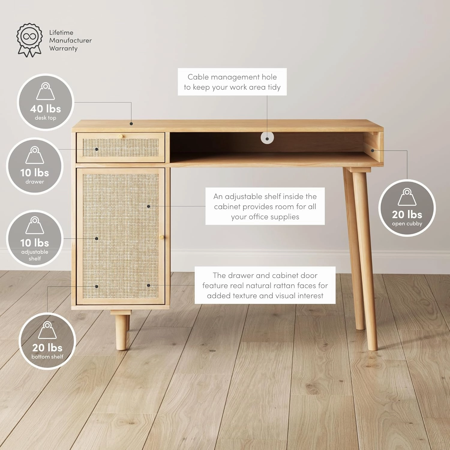 Nathan James Aaron Modern Desk with Storage, Natural Rattan Table with Square Webbing and Gold Accent Knobs, Natural Brown