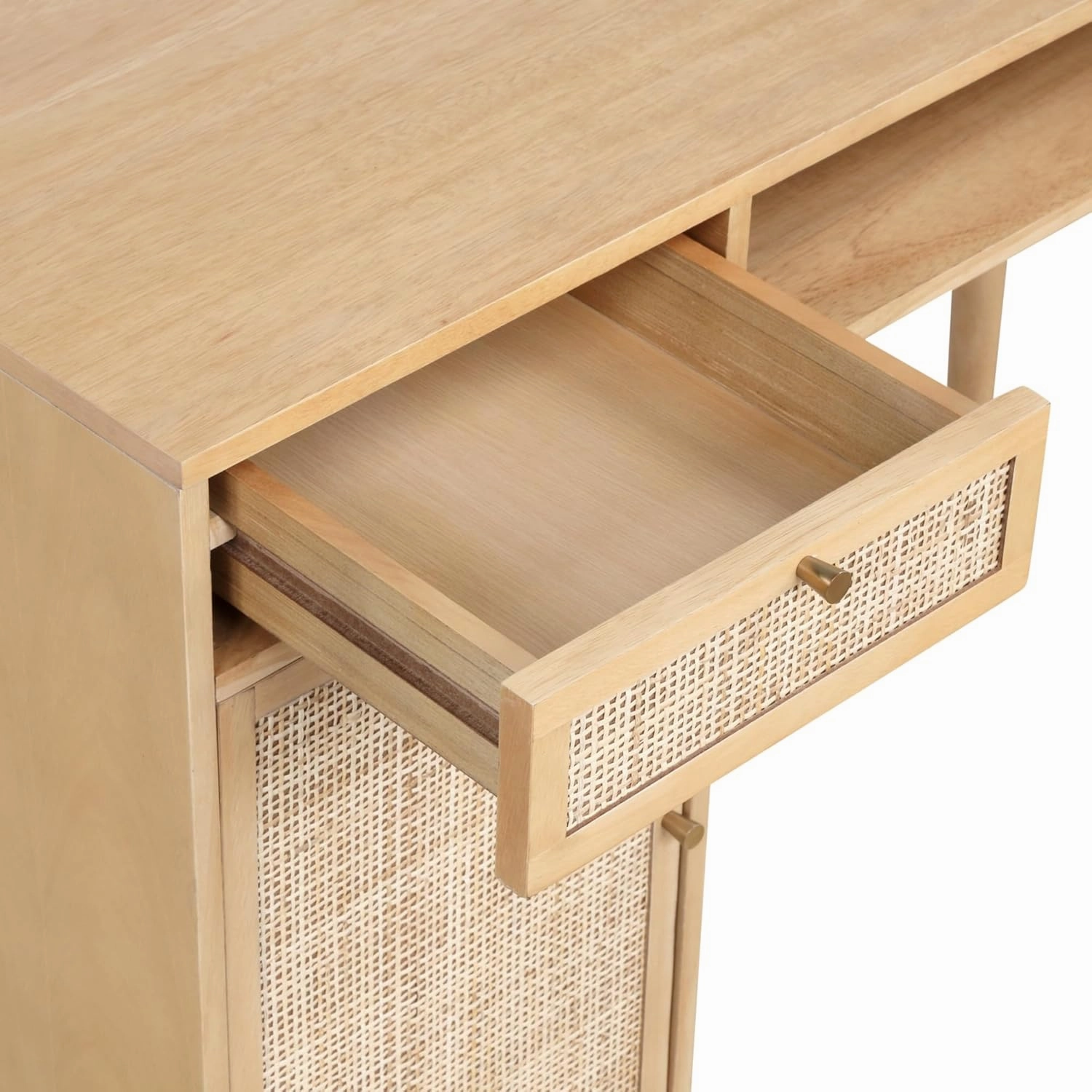 Nathan James Aaron Modern Desk with Storage, Natural Rattan Table with Square Webbing and Gold Accent Knobs, Natural Brown