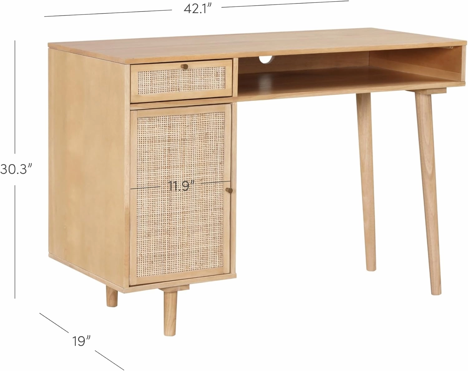 Nathan James Aaron Modern Desk with Storage, Natural Rattan Table with Square Webbing and Gold Accent Knobs, Natural Brown