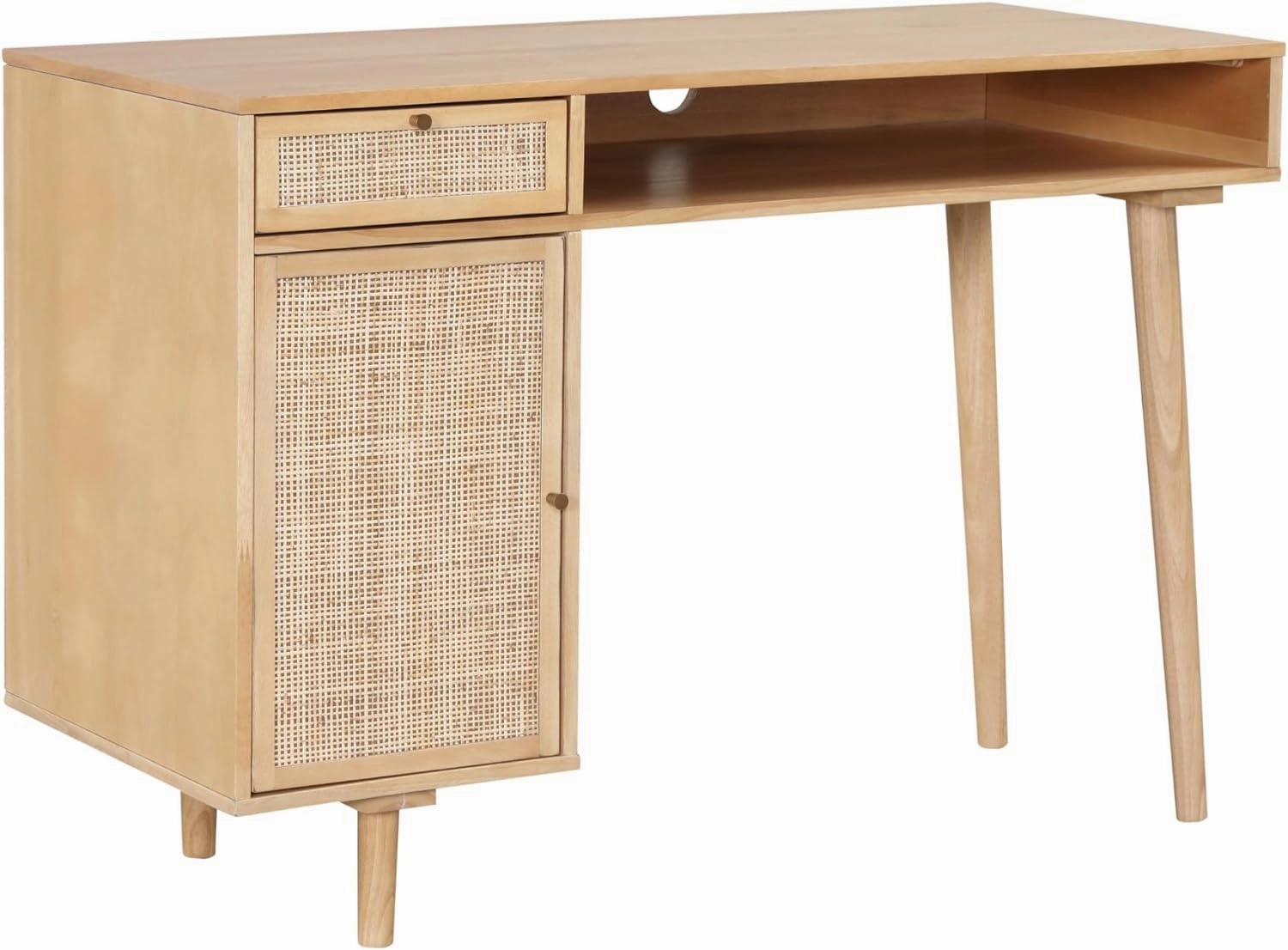 Nathan James Aaron Modern Desk with Storage, Natural Rattan Table with Square Webbing and Gold Accent Knobs, Natural Brown