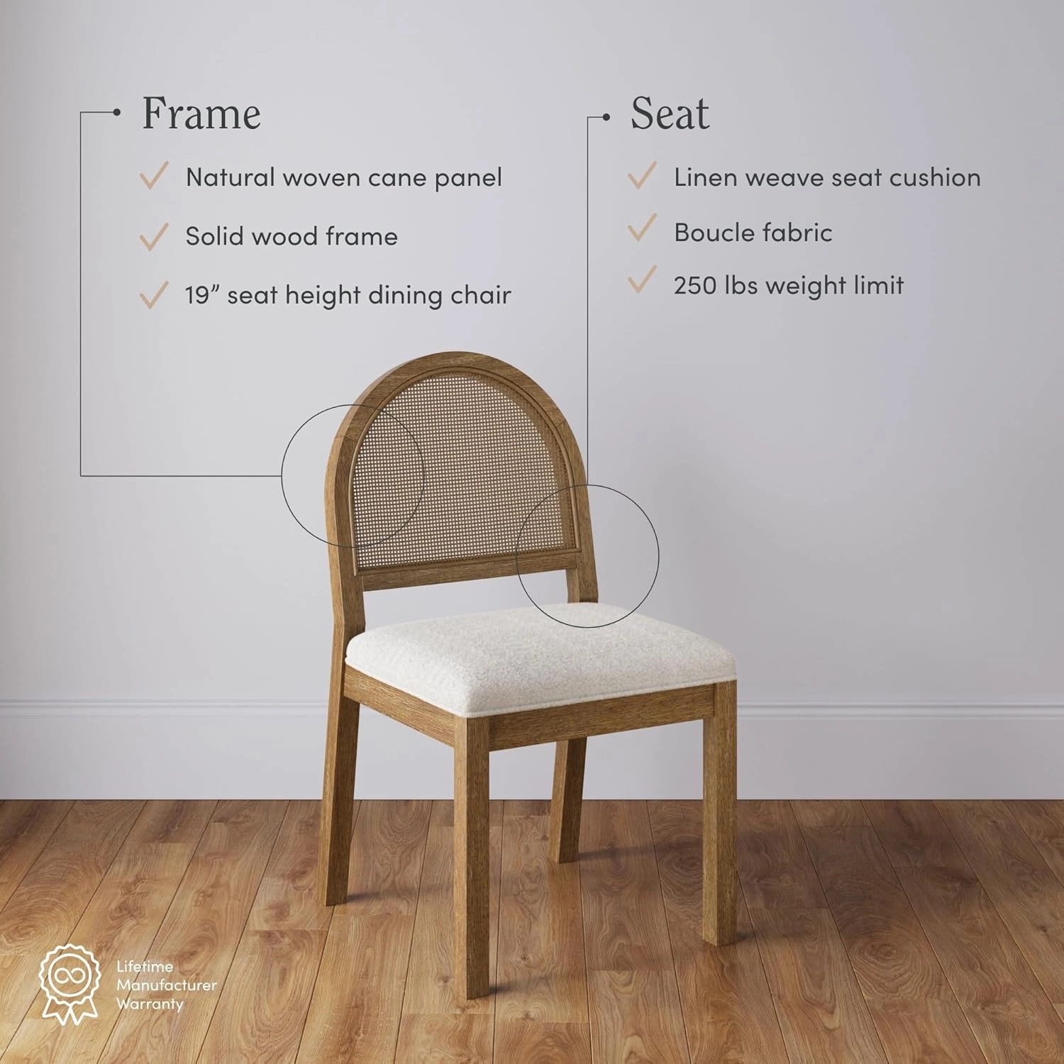 Nathan James Bailey 19 in. Boucle Dining Chair, Upholstered Side Chair with Natural Woven Rattan Back and Solid Wood Legs, Light Brown, Set of 2