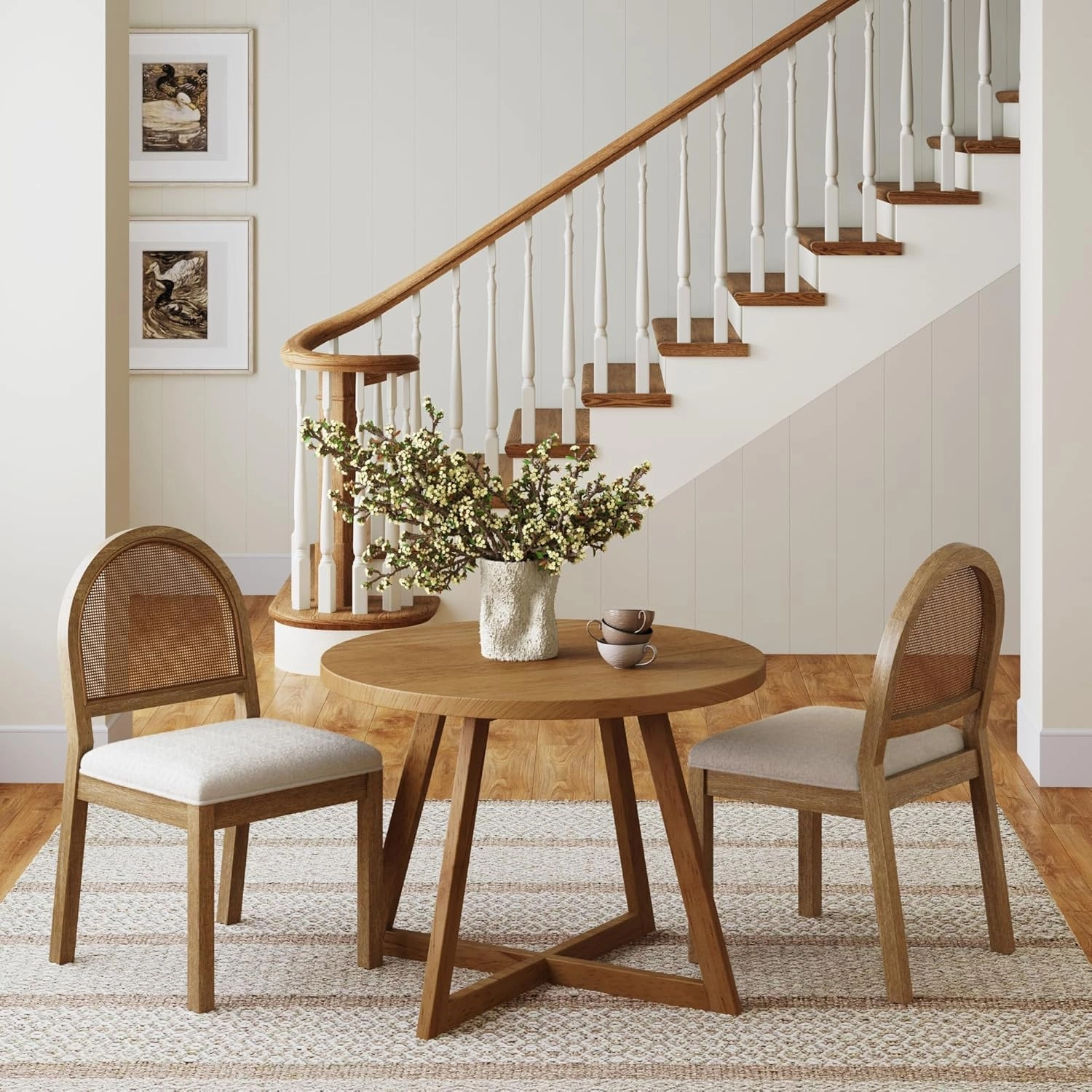 Nathan James Bailey 19 in. Boucle Dining Chair, Upholstered Side Chair with Natural Woven Rattan Back and Solid Wood Legs, Light Brown, Set of 2