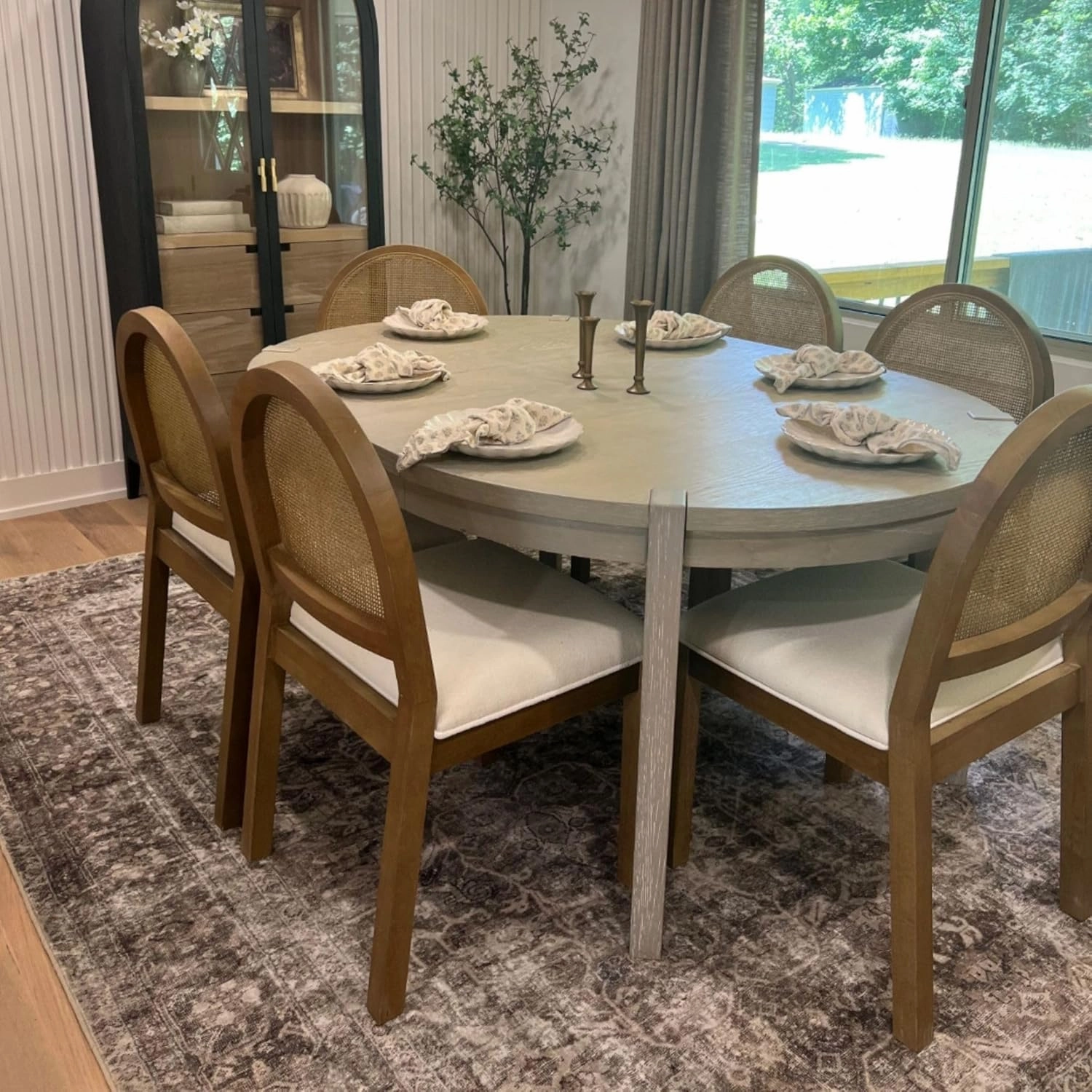 Nathan James Bailey 19 in. Boucle Dining Chair, Upholstered Side Chair with Natural Woven Rattan Back and Solid Wood Legs, Light Brown, Set of 2