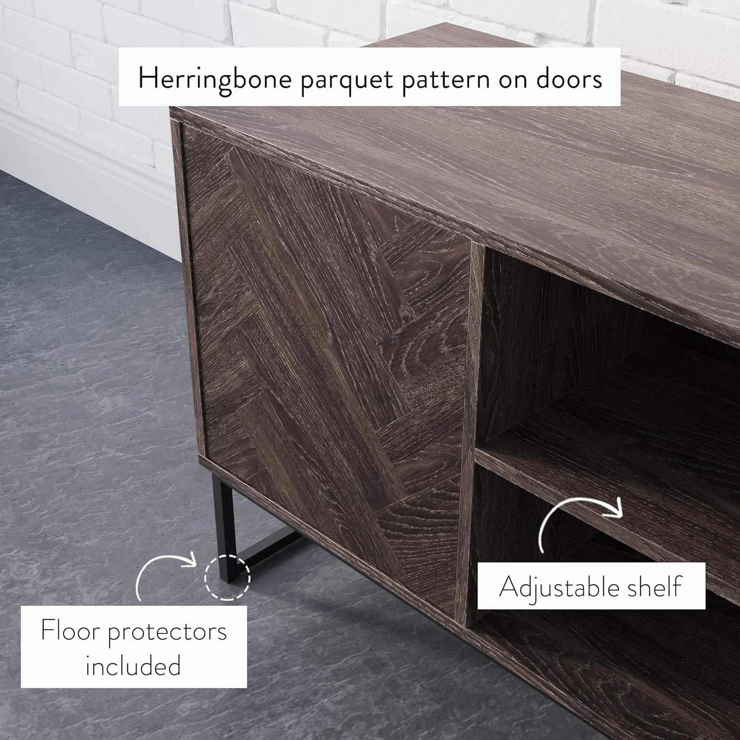 Nathan James Dylan Media Console Cabinet or TV Stand with Doors for Hidden Storage Herringbone Wood Pattern and Metal, Gray/Matte Black Length: 47" x Width: 16" x Height: 24"