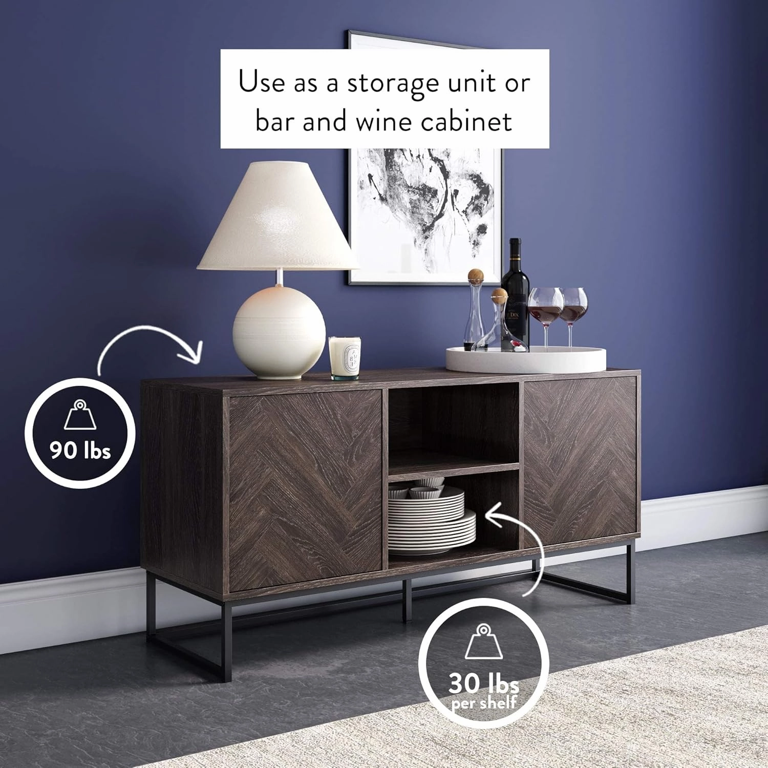 Nathan James Dylan Media Console Cabinet or TV Stand with Doors for Hidden Storage Herringbone Wood Pattern and Metal, Gray/Matte Black Length: 47" x Width: 16" x Height: 24"