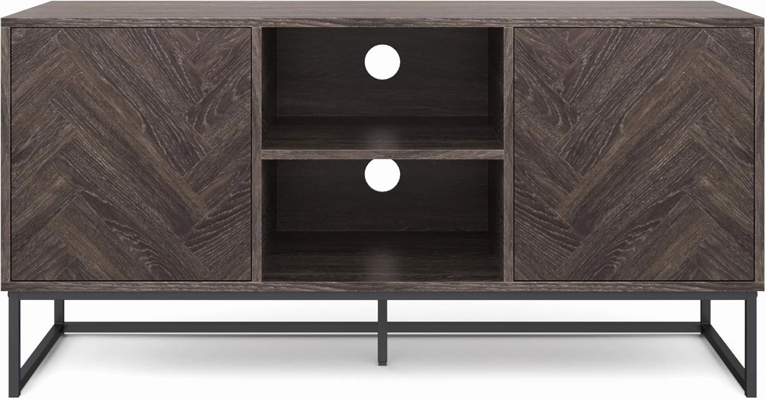 Nathan James Dylan Media Console Cabinet or TV Stand with Doors for Hidden Storage Herringbone Wood Pattern and Metal, Gray/Matte Black Length: 47" x Width: 16" x Height: 24"