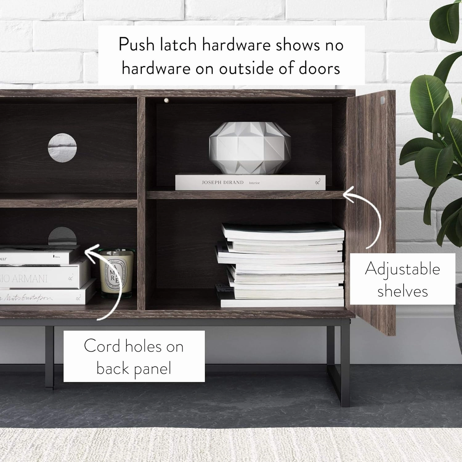 Nathan James Dylan Media Console Cabinet or TV Stand with Doors for Hidden Storage Herringbone Wood Pattern and Metal, Gray/Matte Black Length: 47" x Width: 16" x Height: 24"