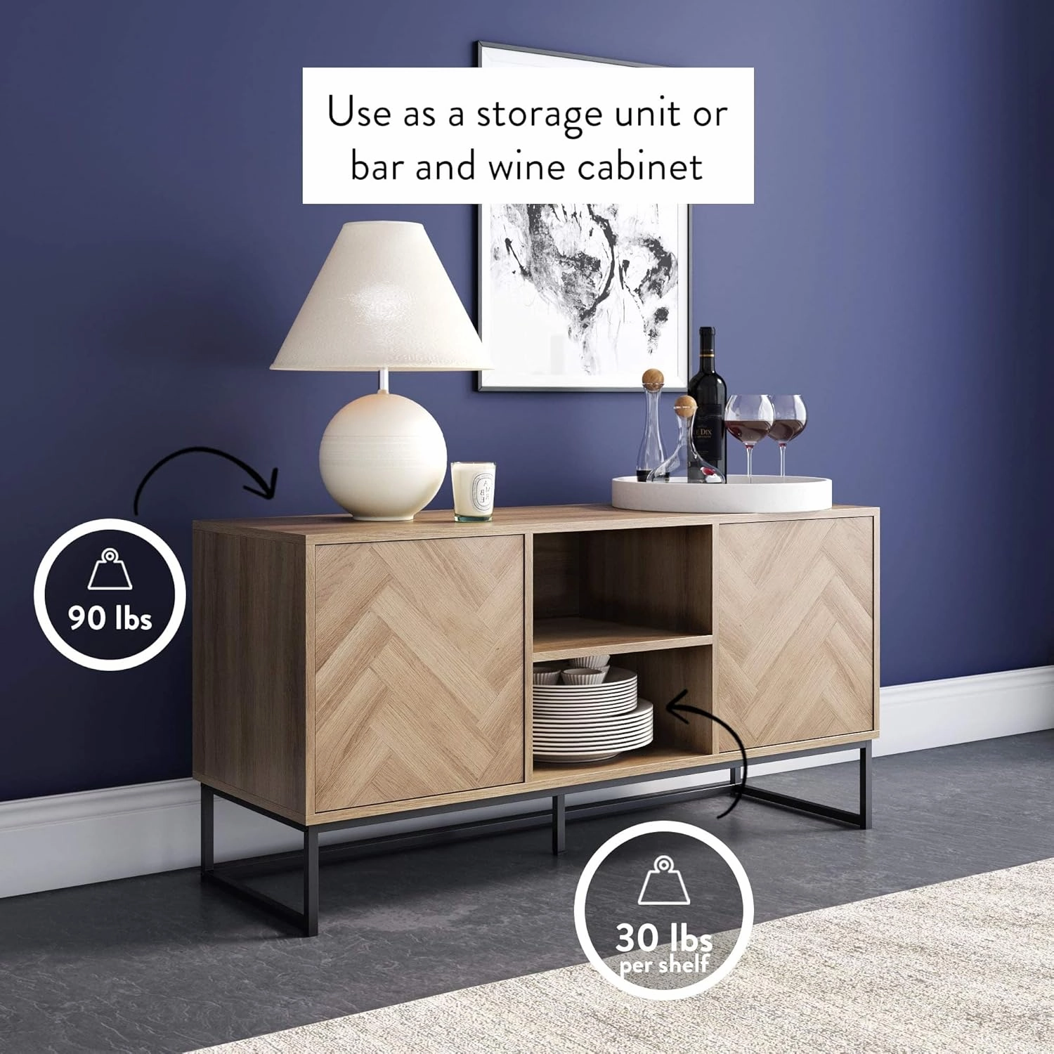 Nathan James Dylan Media Console Cabinet or TV Stand with Doors for Hidden Storage in a Natural Reclaimed Herringbone Wood Pattern and Metal, Oak/Matte Black
