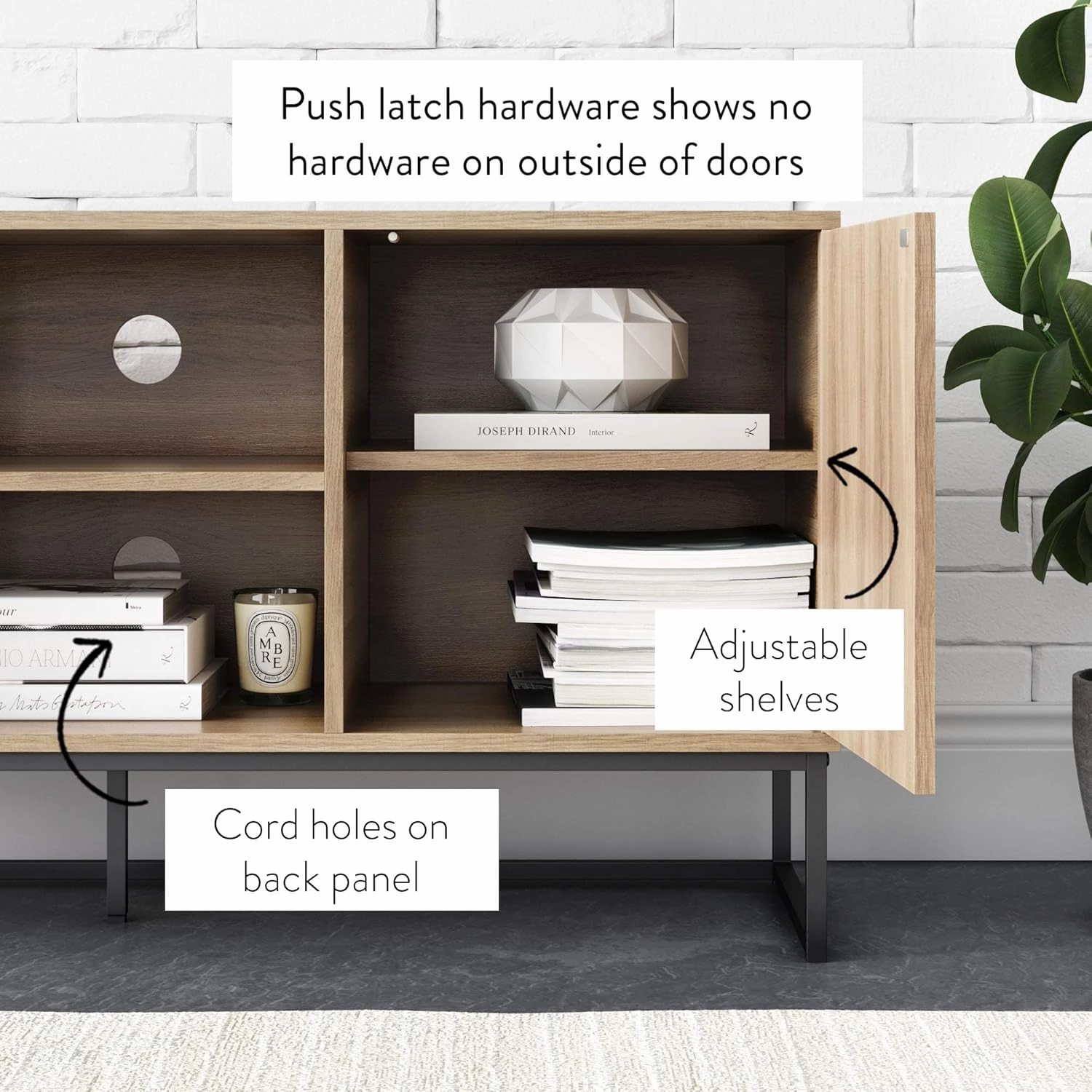 Nathan James Dylan Media Console Cabinet or TV Stand with Doors for Hidden Storage in a Natural Reclaimed Herringbone Wood Pattern and Metal, Oak/Matte Black