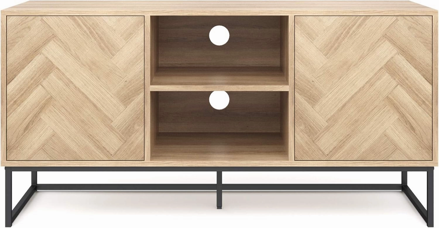 Nathan James Dylan Media Console Cabinet or TV Stand with Doors for Hidden Storage in a Natural Reclaimed Herringbone Wood Pattern and Metal, Oak/Matte Black