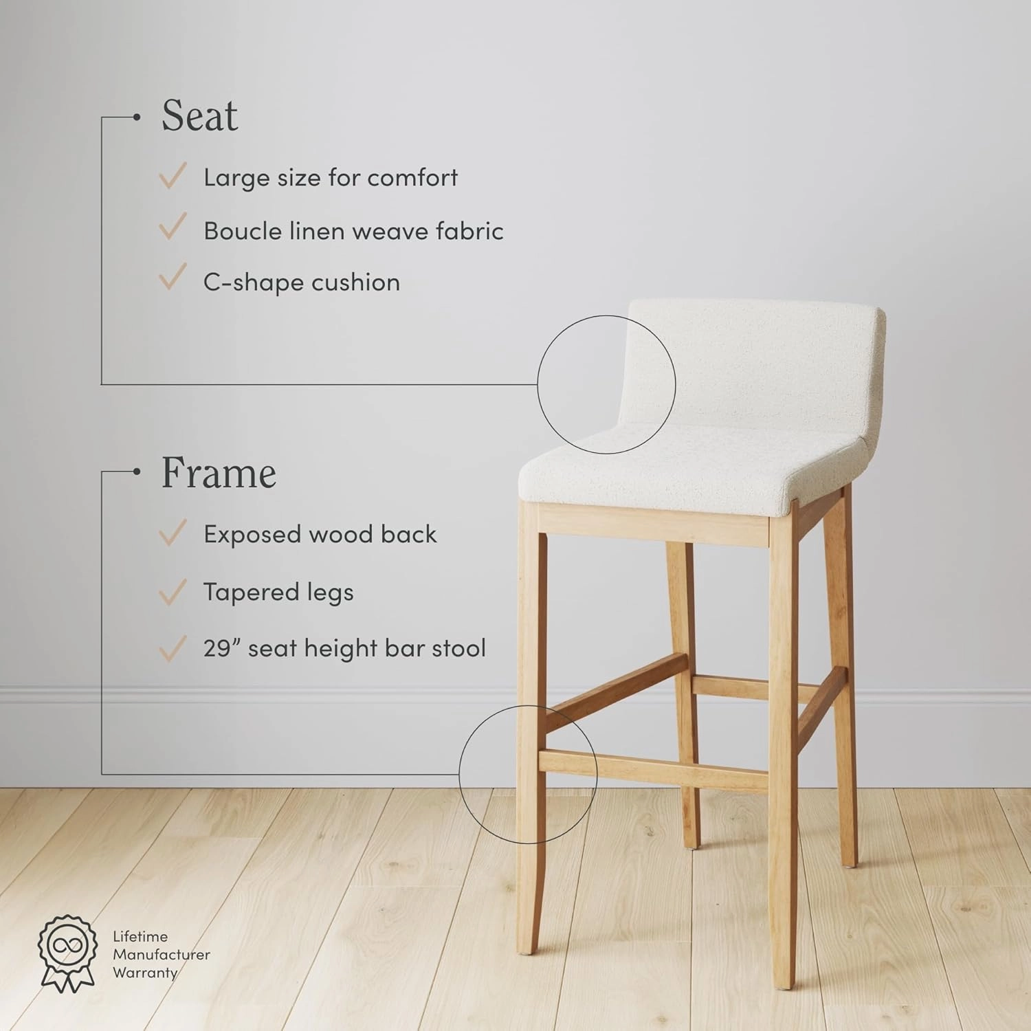 Nathan James Gracie Modern Upholstered Bar Stool, Wooden Bar Stool for Kitchen Island with Boucle Upholstery, Cream Boucle/Warm Pine