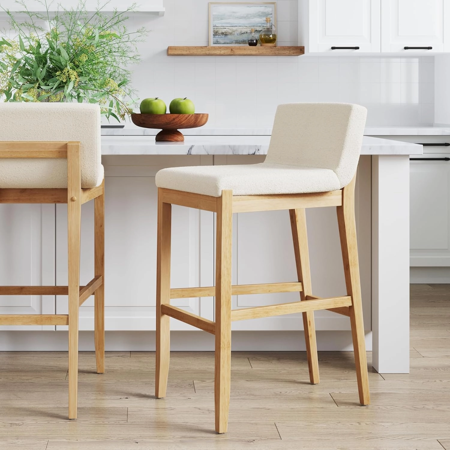 Nathan James Gracie Modern Upholstered Bar Stool, Wooden Bar Stool for Kitchen Island with Boucle Upholstery, Cream Boucle/Warm Pine