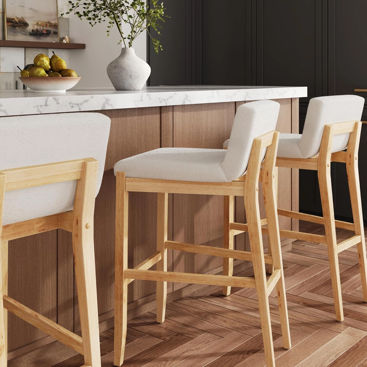 Nathan James Gracie Modern Upholstered Bar Stool, Wooden Bar Stool for Kitchen Island with Boucle Upholstery, Cream Boucle/Warm Pine