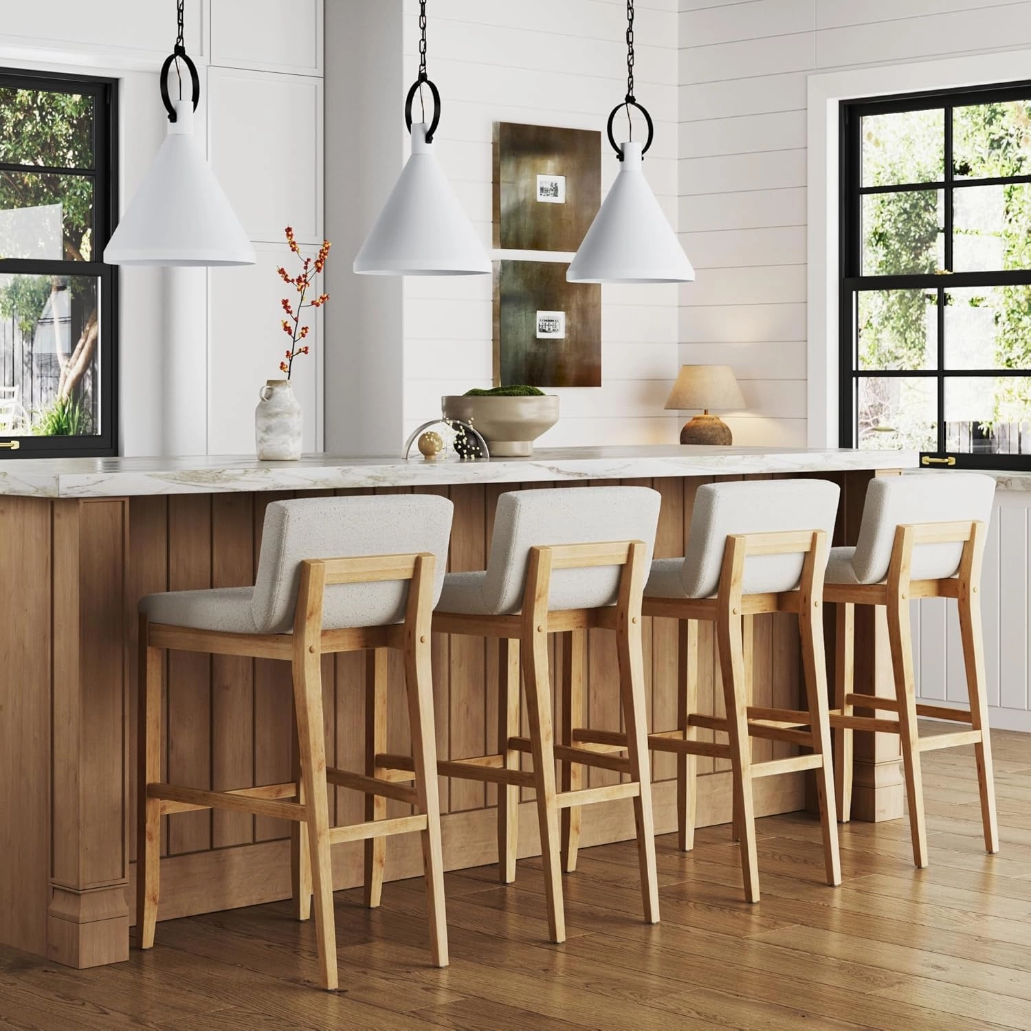Nathan James Gracie Modern Upholstered Bar Stool, Wooden Bar Stool for Kitchen Island with Boucle Upholstery, Cream Boucle/Warm Pine