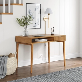 Nathan James Jasper Small Home Office Desk with Storage, Bohemian Writing Desk with Drawer and Open Cubby, Natural Brown