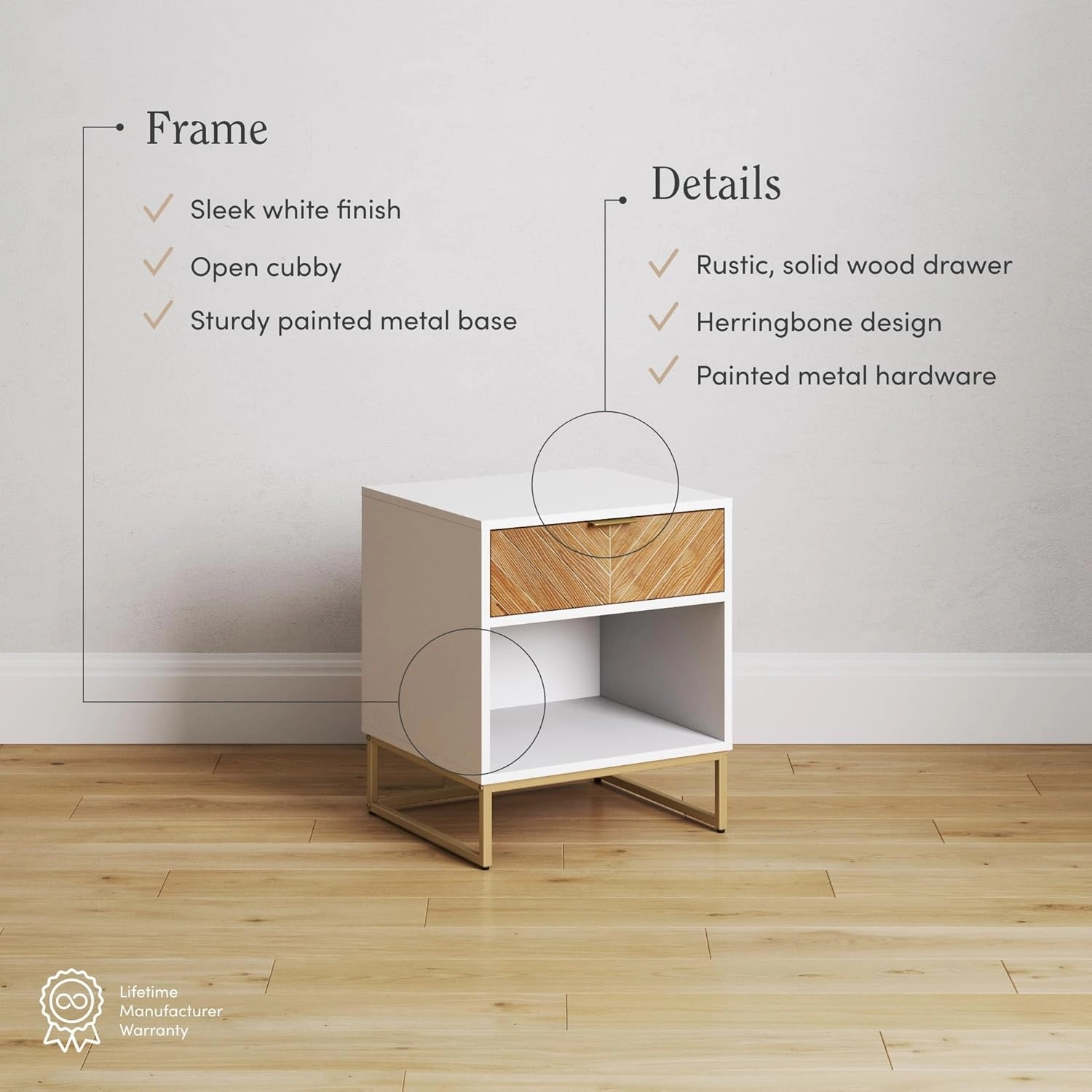 Nathan James Kensi Nightstand Side Accent or End Table with Storage, White/Gold - Set of 2