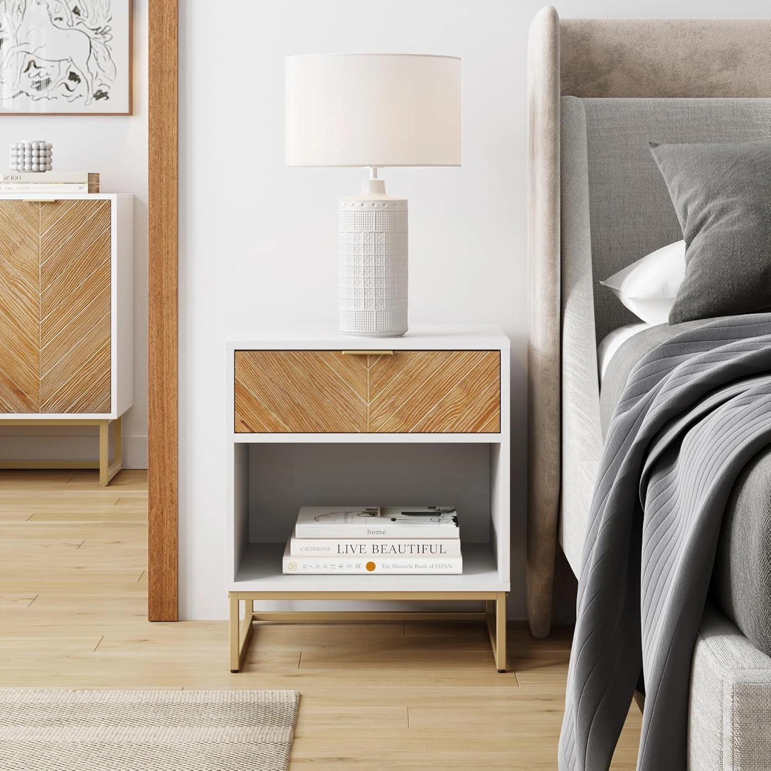 Nathan James Kensi Nightstand Side Accent or End Table with Storage, White/Gold - Set of 2