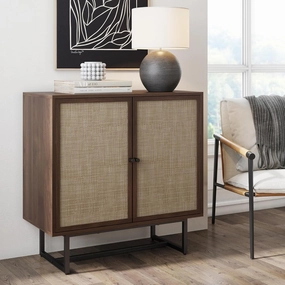 Nathan James Kova Bohemian Rattan Accent Sideboard Storage Cabinet, with Doors and Matte Black Legs, Dark Brown/Black