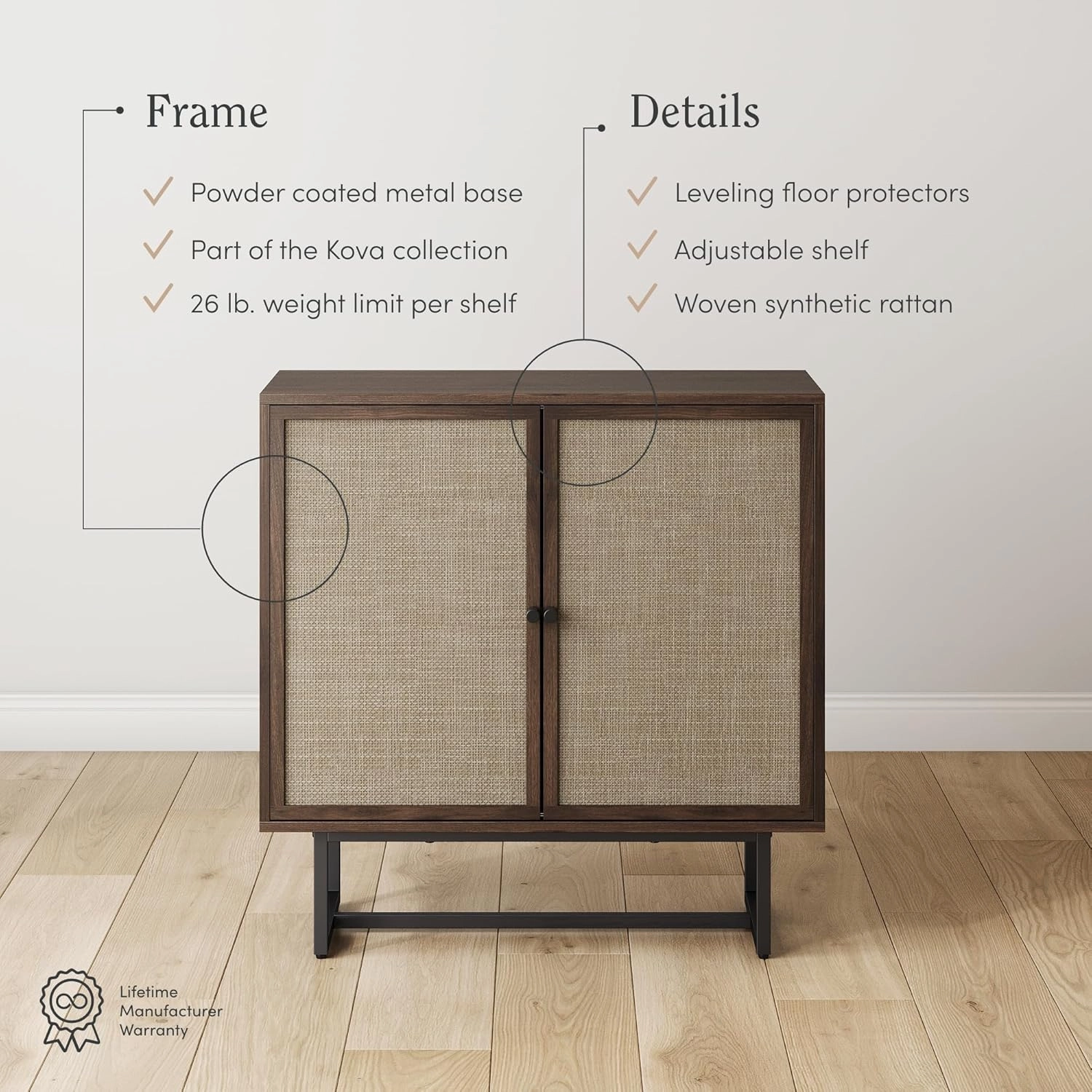 Nathan James Kova Bohemian Rattan Accent Sideboard Storage Cabinet, with Doors and Matte Black Legs, Dark Brown/Black