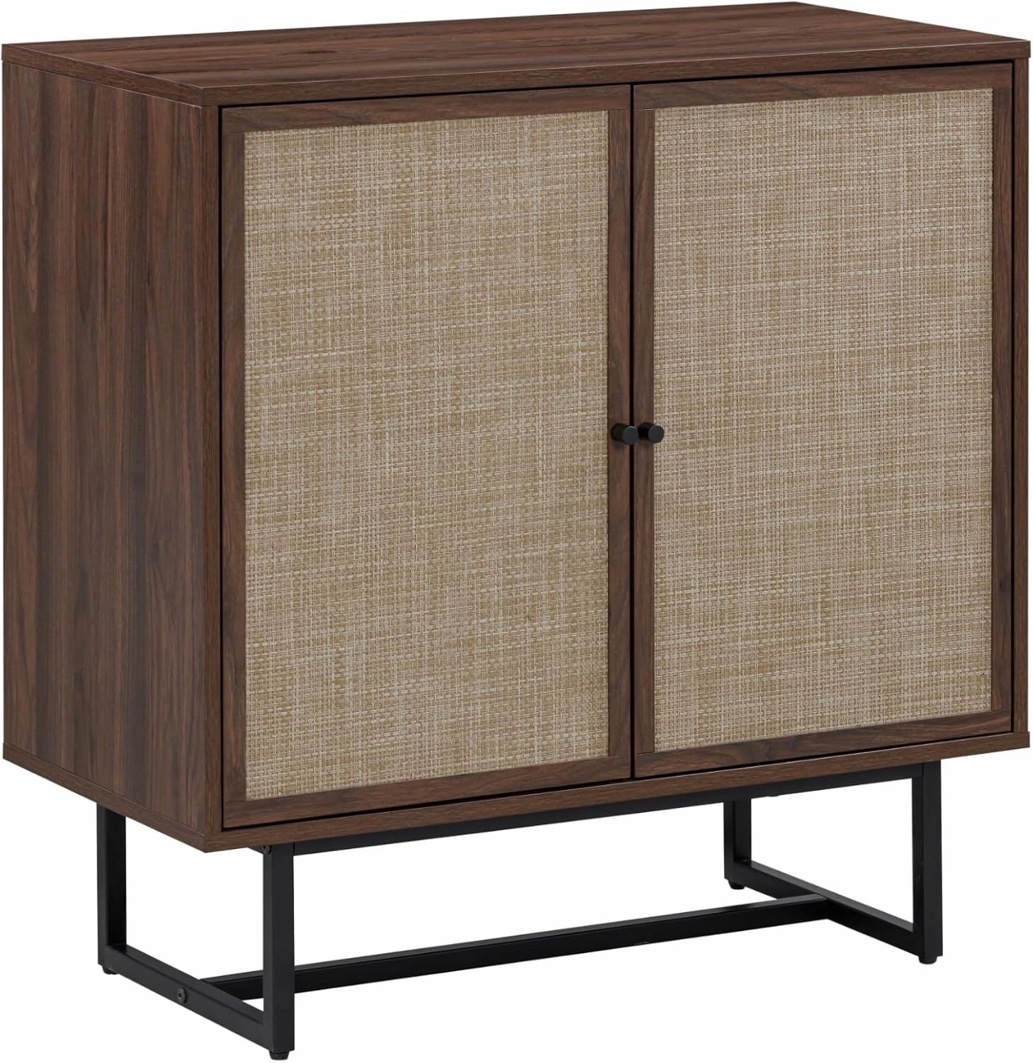 Nathan James Kova Bohemian Rattan Accent Sideboard Storage Cabinet, with Doors and Matte Black Legs, Dark Brown/Black