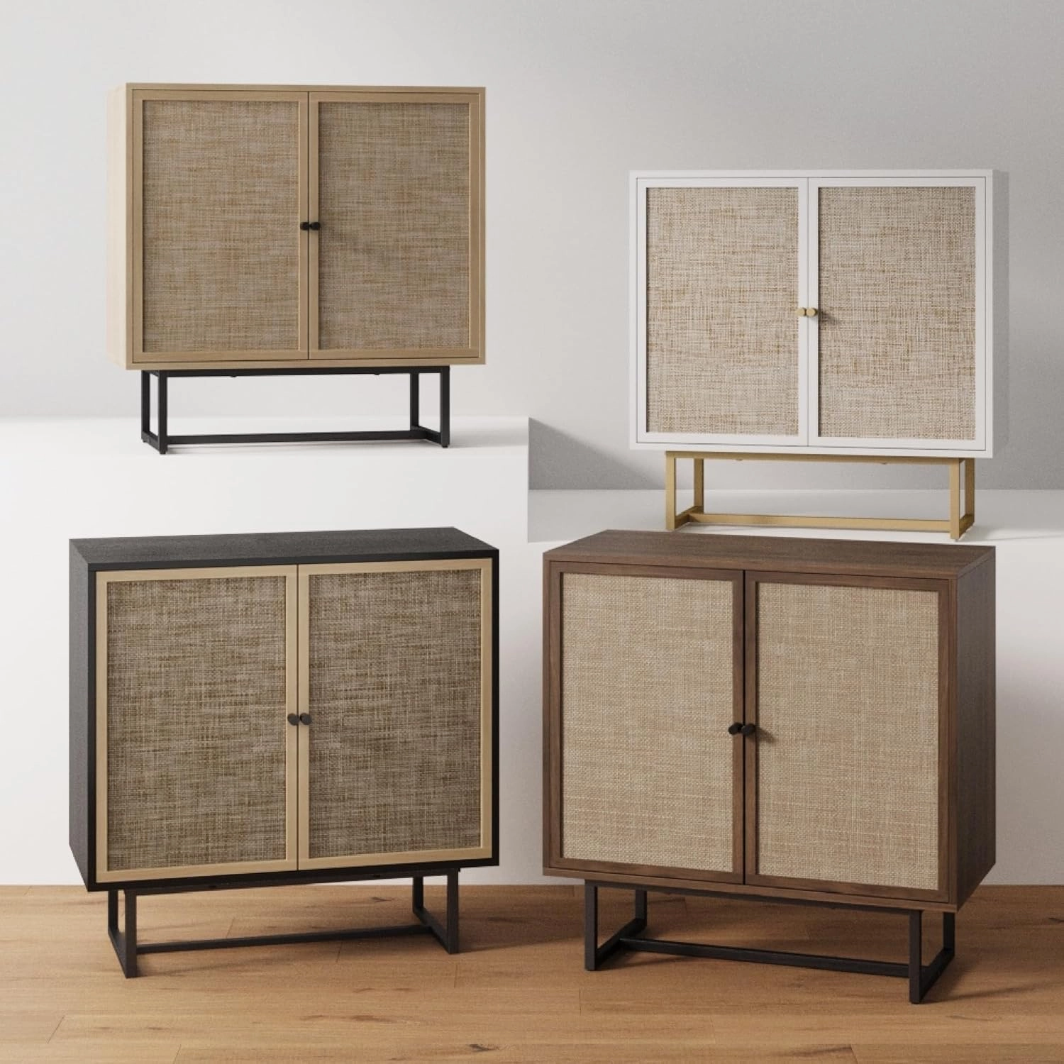 Nathan James Kova Bohemian Rattan Accent Sideboard Storage Cabinet, with Doors and Matte Black Legs, Dark Brown/Black