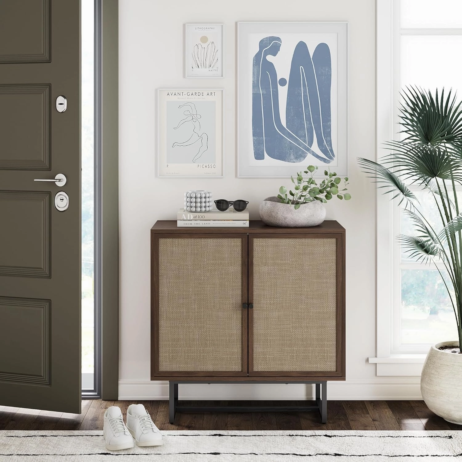 Nathan James Kova Bohemian Rattan Accent Sideboard Storage Cabinet, with Doors and Matte Black Legs, Dark Brown/Black